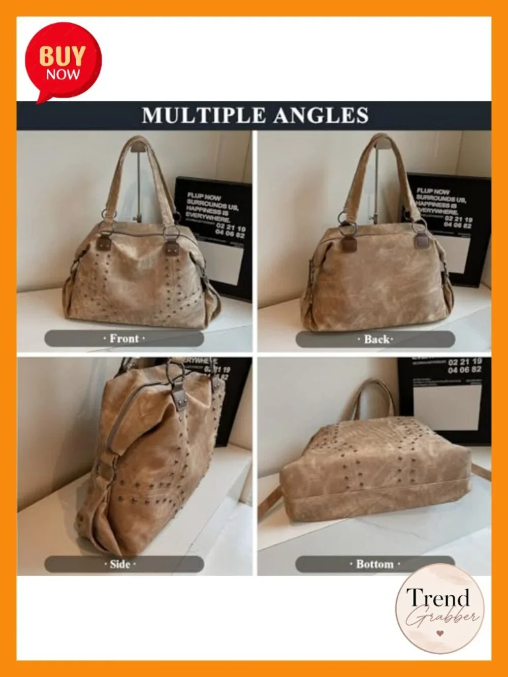 Faux Leather Studded Hobo Tote Bag Top-Handle Shoulder Bag Y2K Punk Purse